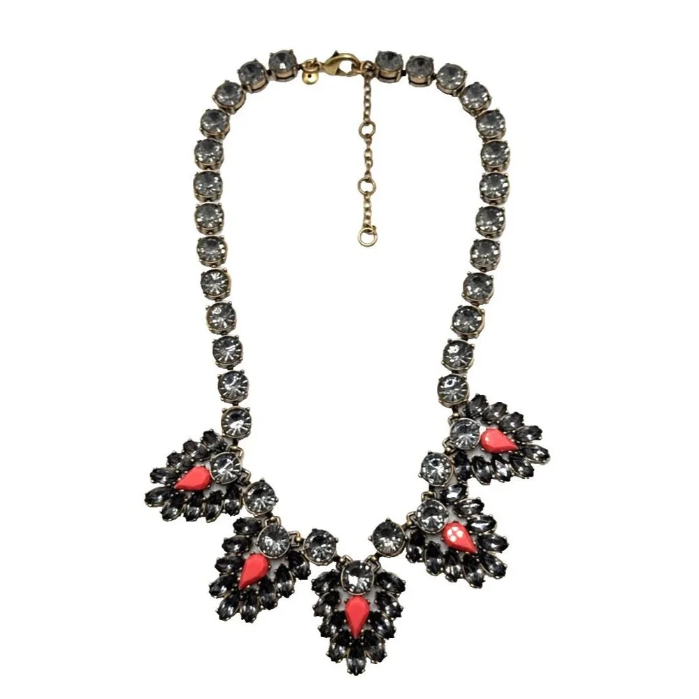 NWOT J. Crew Bib Necklace Gray Smoky Crystal Coral Pink Riviere Rivoli 20